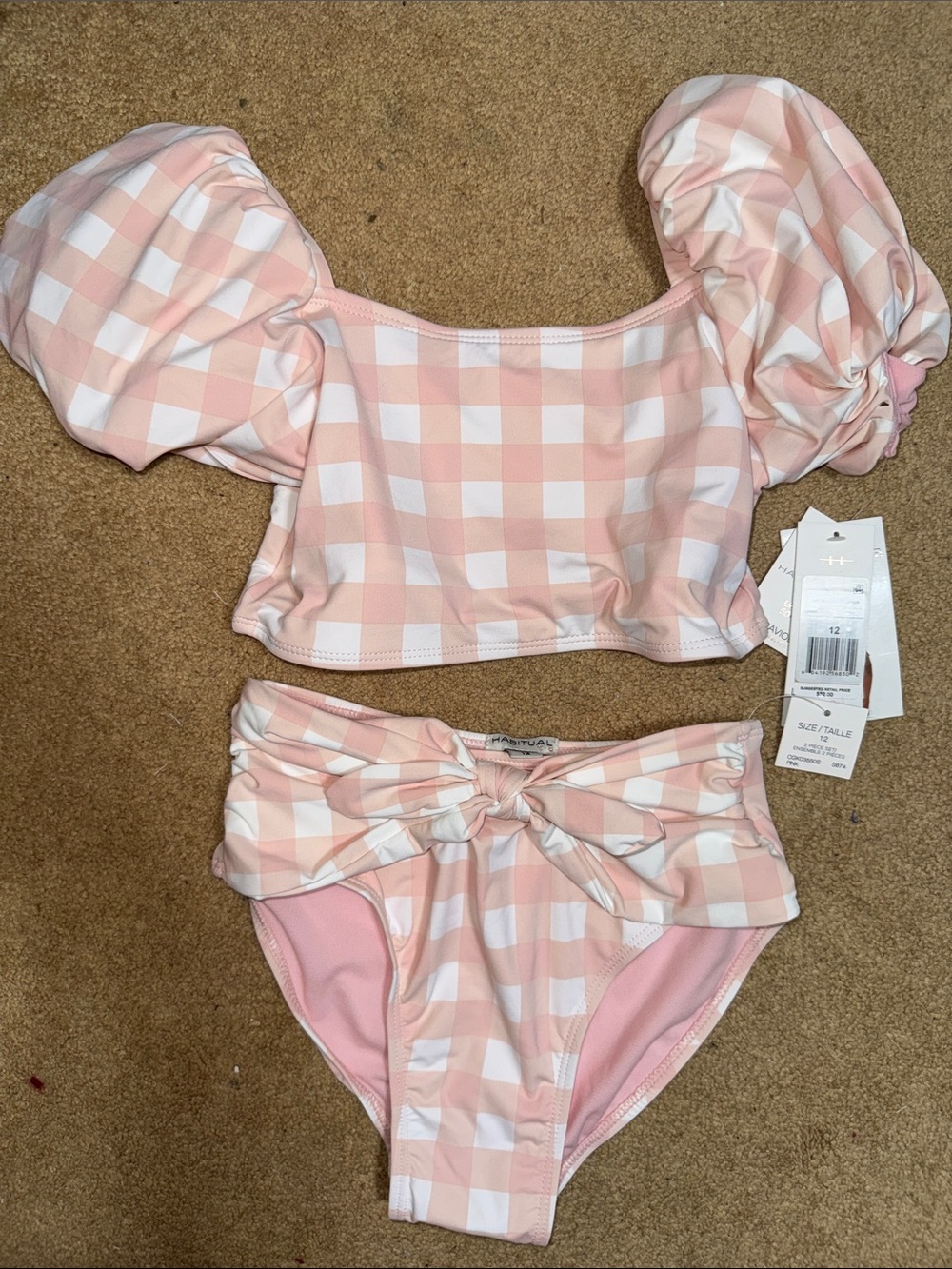 Habitual Kid Pink and White Gingham Puff Sleeve Bikini Set ~UPF50+